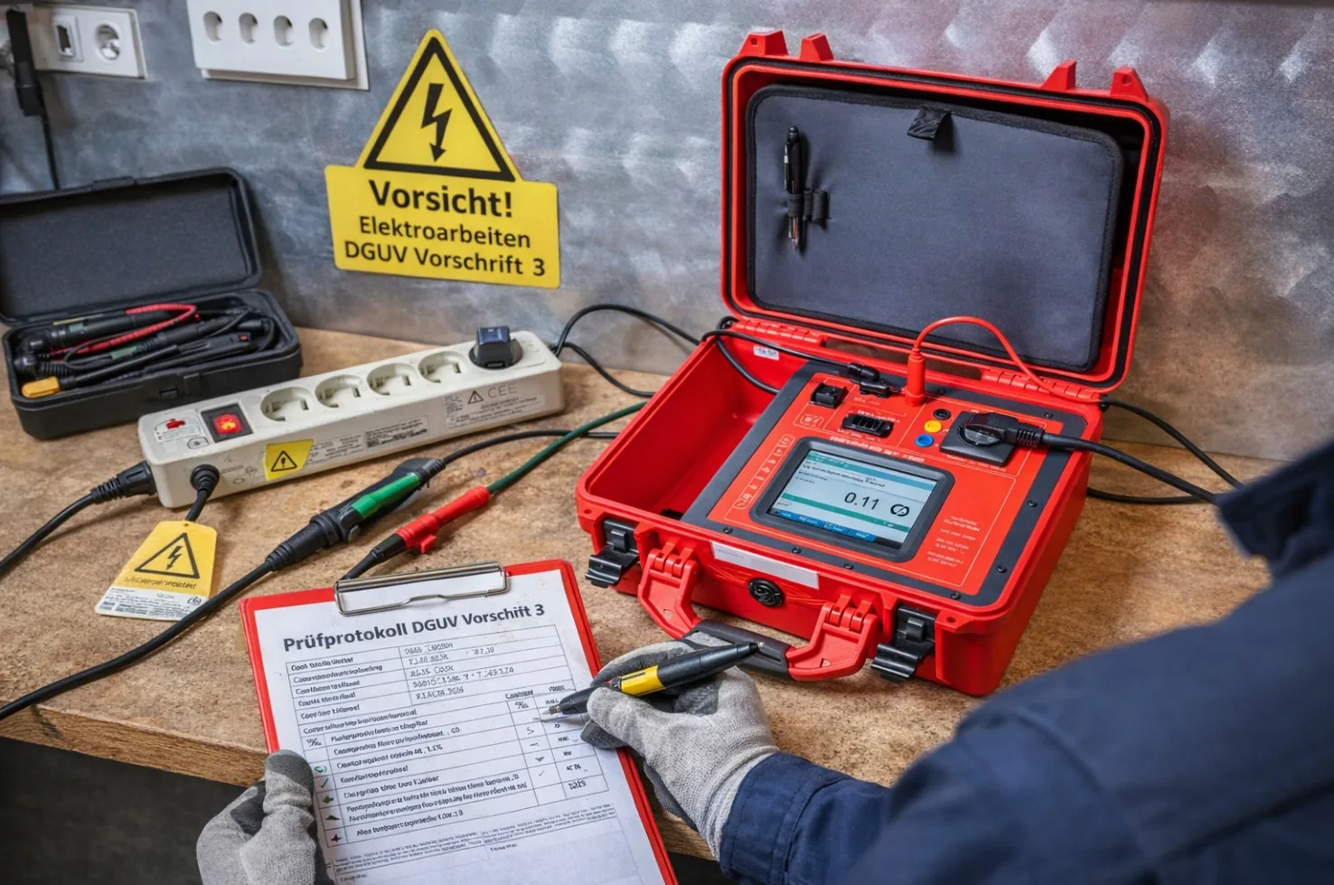 Ortsveränderliche Geräte auf dem Prüftisch: Laptop, Kaffeemaschine, Bohrmaschine und Verlängerungskabel
