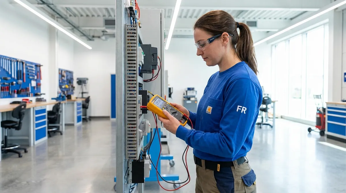 Elektrotechnikerin prüft Betriebsmittel mit digitalem Messgerät in der Werkstatt