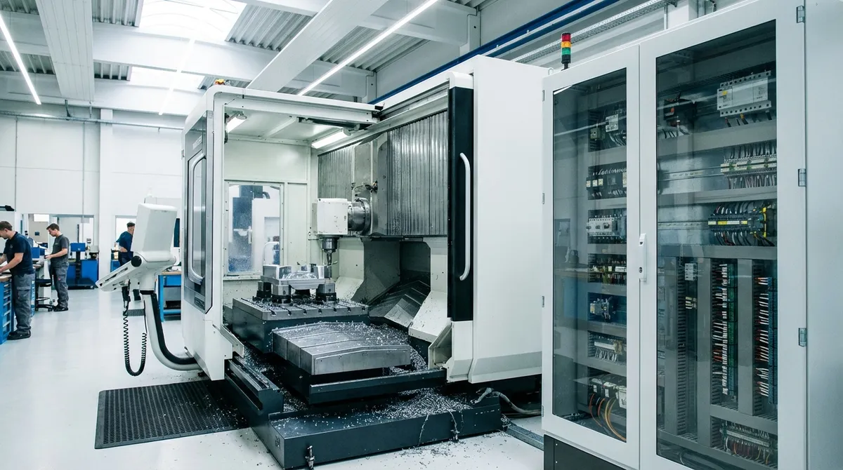 CNC-Fräsmaschine mit sichtbarem Schaltschrank in einer modernen Fertigungshalle