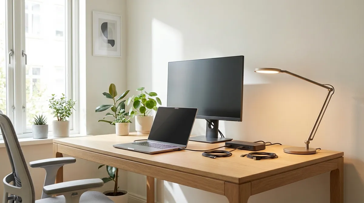 Home-Office Arbeitsplatz mit Laptop, Monitor und Docking Station, die nach DGUV V3 geprüft werden müssen