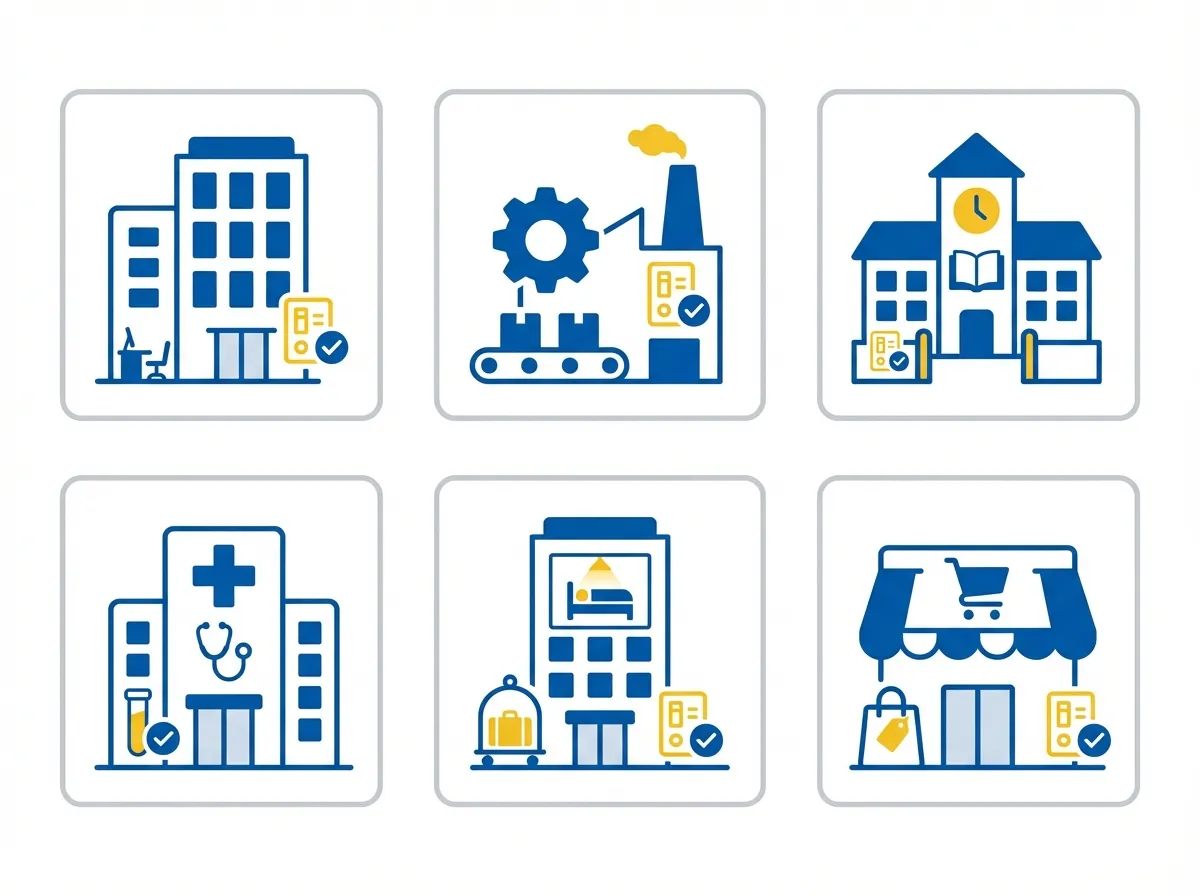Infografik: Welche Betriebe müssen nach DGUV V3 prüfen lassen, mit Icons für Büro, Werkstatt, Schule und Praxis