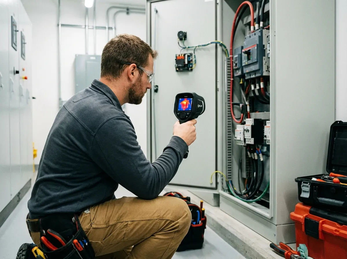 Elektrotechniker prüft einen Schaltschrank mit einer Wärmebildkamera