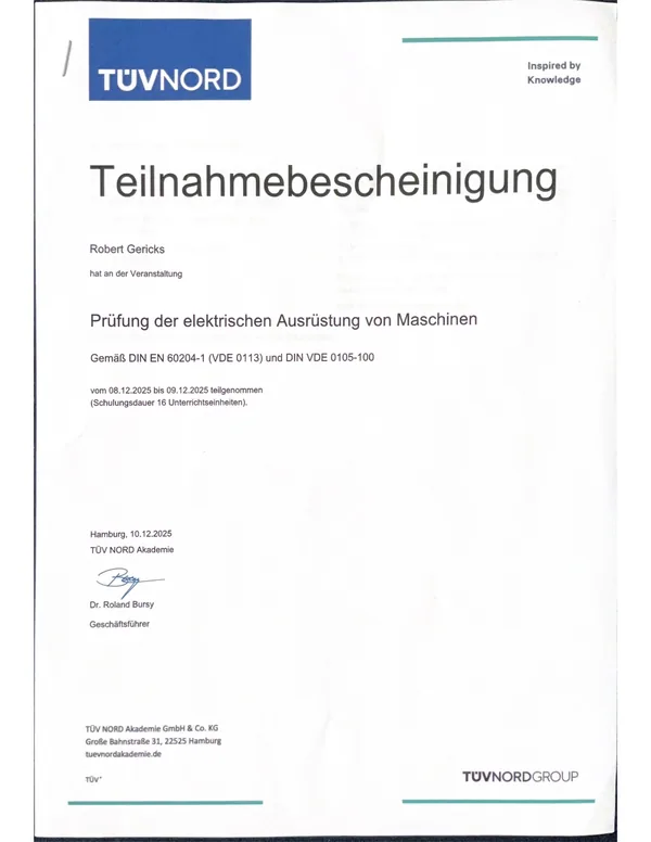 Teilnahmebescheinigung TÜV NORD: Prüfung der elektrischen Ausrüstung von Maschinen nach DIN EN 60204-1 und DIN VDE 0105-100