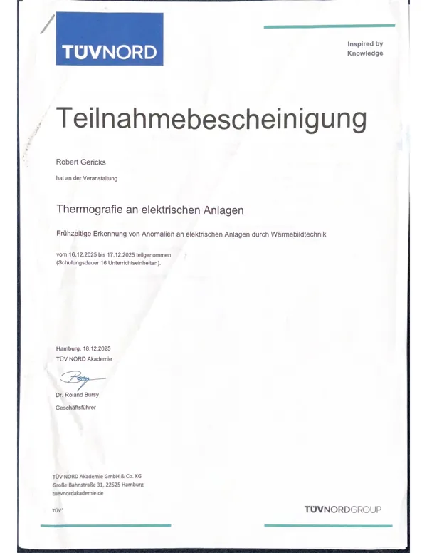 Teilnahmebescheinigung TÜV NORD: Thermografie an elektrischen Anlagen
